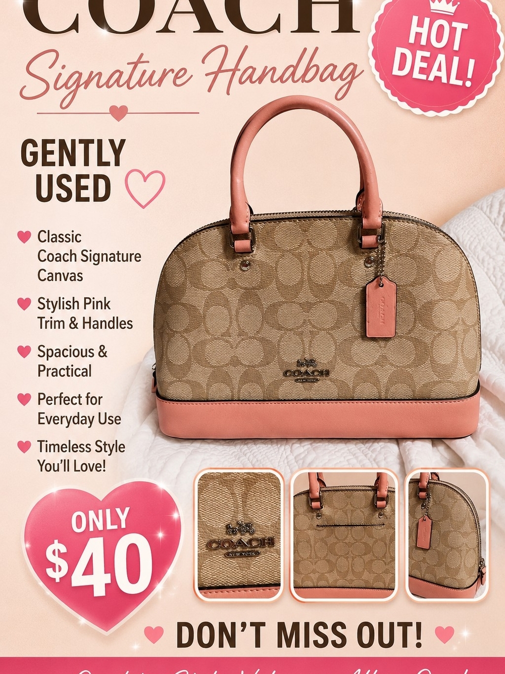 Coach Signature Canvas Satchel with Pink Trim and Handles